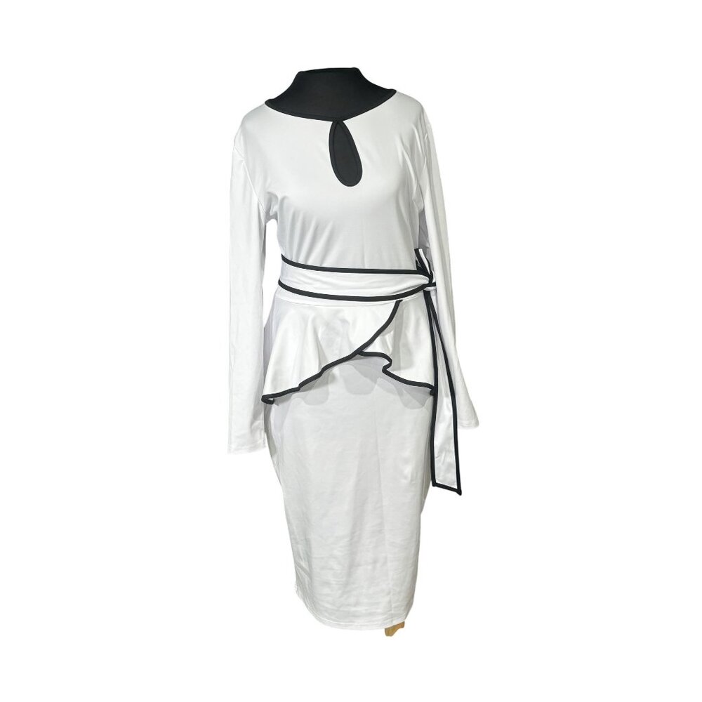White Long-Sleeve Peplum Midi Dress With Black Trim & Keyhole Neckline - Picture 1 of 9